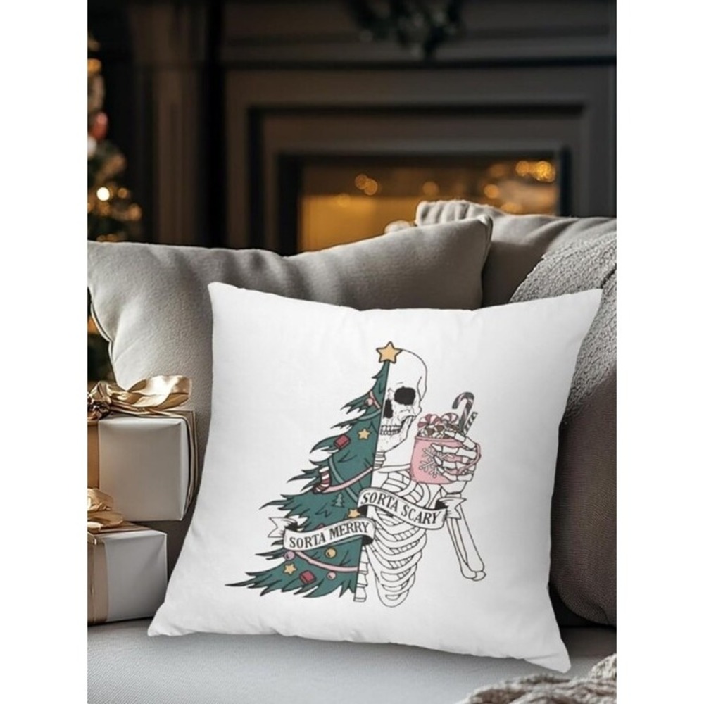 Funny Gothic 'Sorta Merry Sorta Scary'‎ Holiday Pillow Cover (1) White/Green